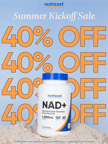 A high-contrast promotional creative featuring a bottle of NAD+ supplements centered in sand against a blue summer-themed background, utilizing bold text overlays.